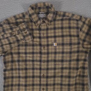 Carhartt Shirt Mens Large Tan Plaid Flannel Rugged Flex Relaxed Fit Outdoor
